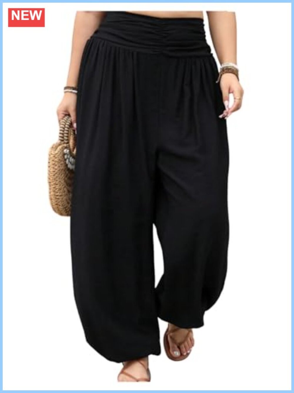 Plus Size Harem Pants Boho Palazzo Trousers Ruched Waist Pleated Rayon